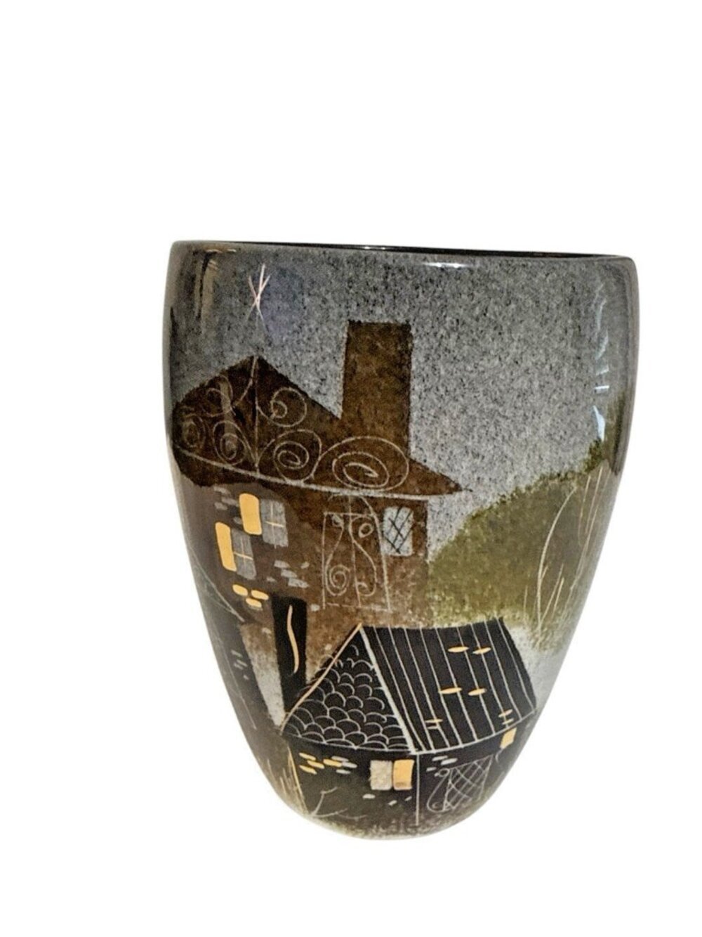 Sascha Brastoff MCM Art Pottery Vase F20 California USA Village Scene 5.5" Tall